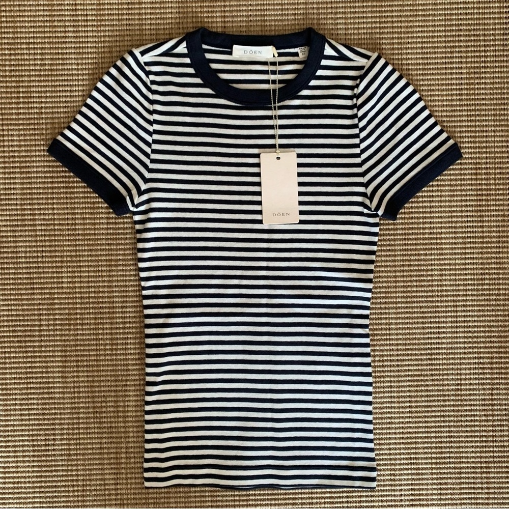 NWT Doen Vivi Cotton Crewneck T Shirt Top Navy Nantucket Stripe Blue White